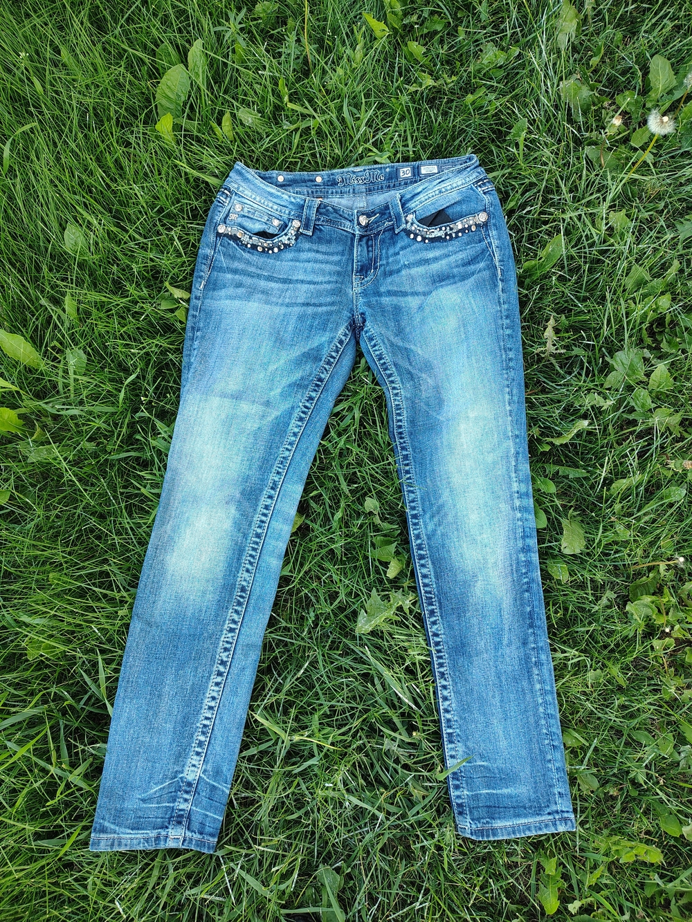 Miss Me Light Blue Straight Leg Jeans with Studded Pocket Trim